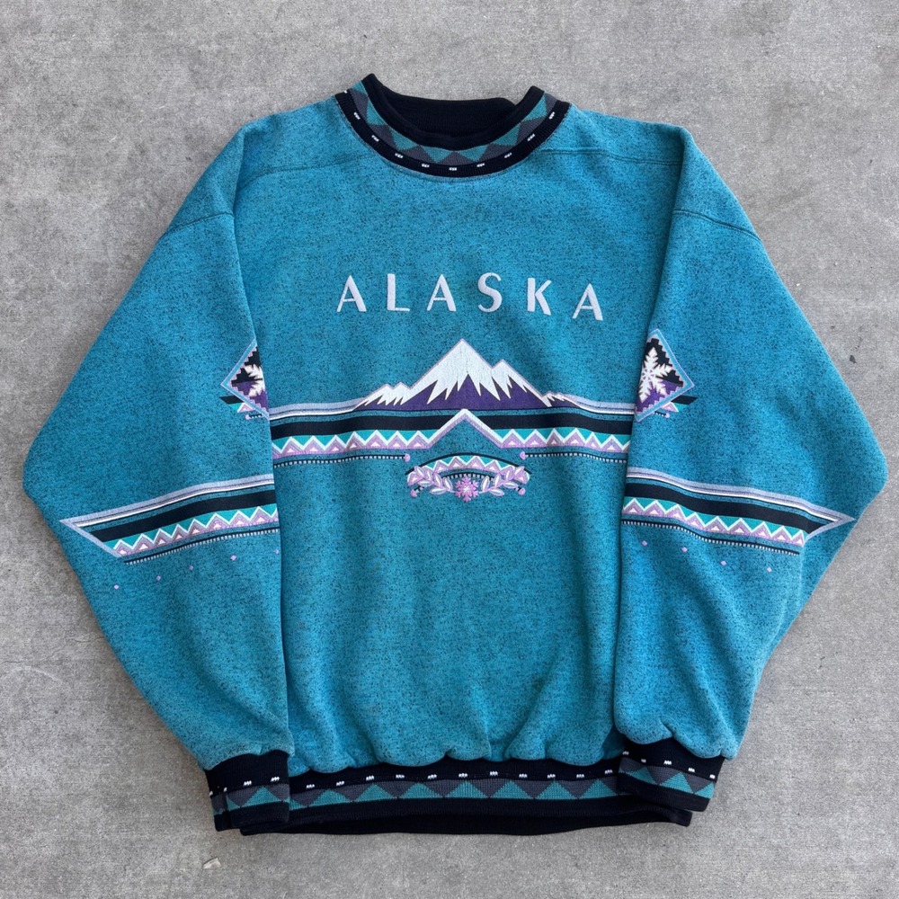 Vintage Arctic Adventure Alaska Mountain Sweatshirt Teal Geometric Aztec Large